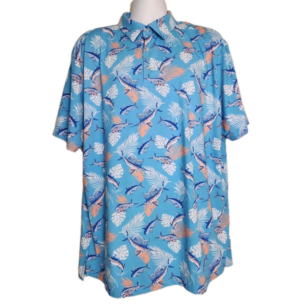 Scales Polo Shirt Mens XL Blue Tropical SwordFish Print Performance Fishing